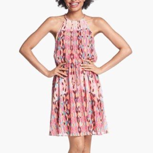 Jessica Simpson Dresses & Skirts - Jessica Simpson Pink Colorful Patterned  High Neck Mini Sundress Size Small
